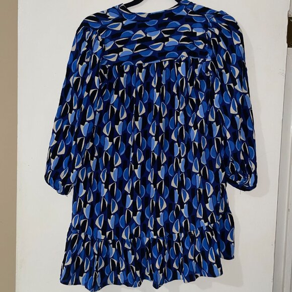 Zara Blue White Black Patterned 3/4 Sleeve Ruffled Hem Blouse Size M - Picture 3 of 6